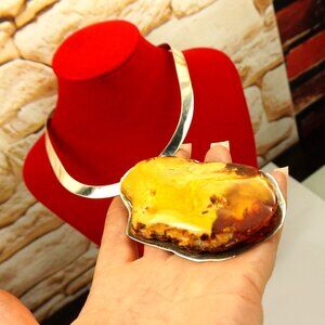 SUPER RARE Butterscotch Amber and 925 Silver Heavy Pendant with Wide Omega Wire